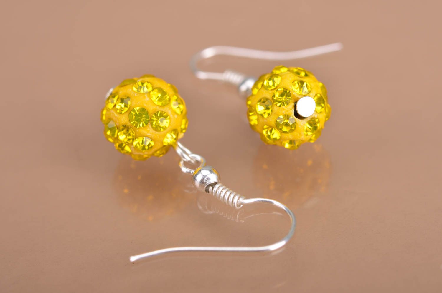 Handmade designer earrings with bright yellow beads with rhinestones fashionable photo 2