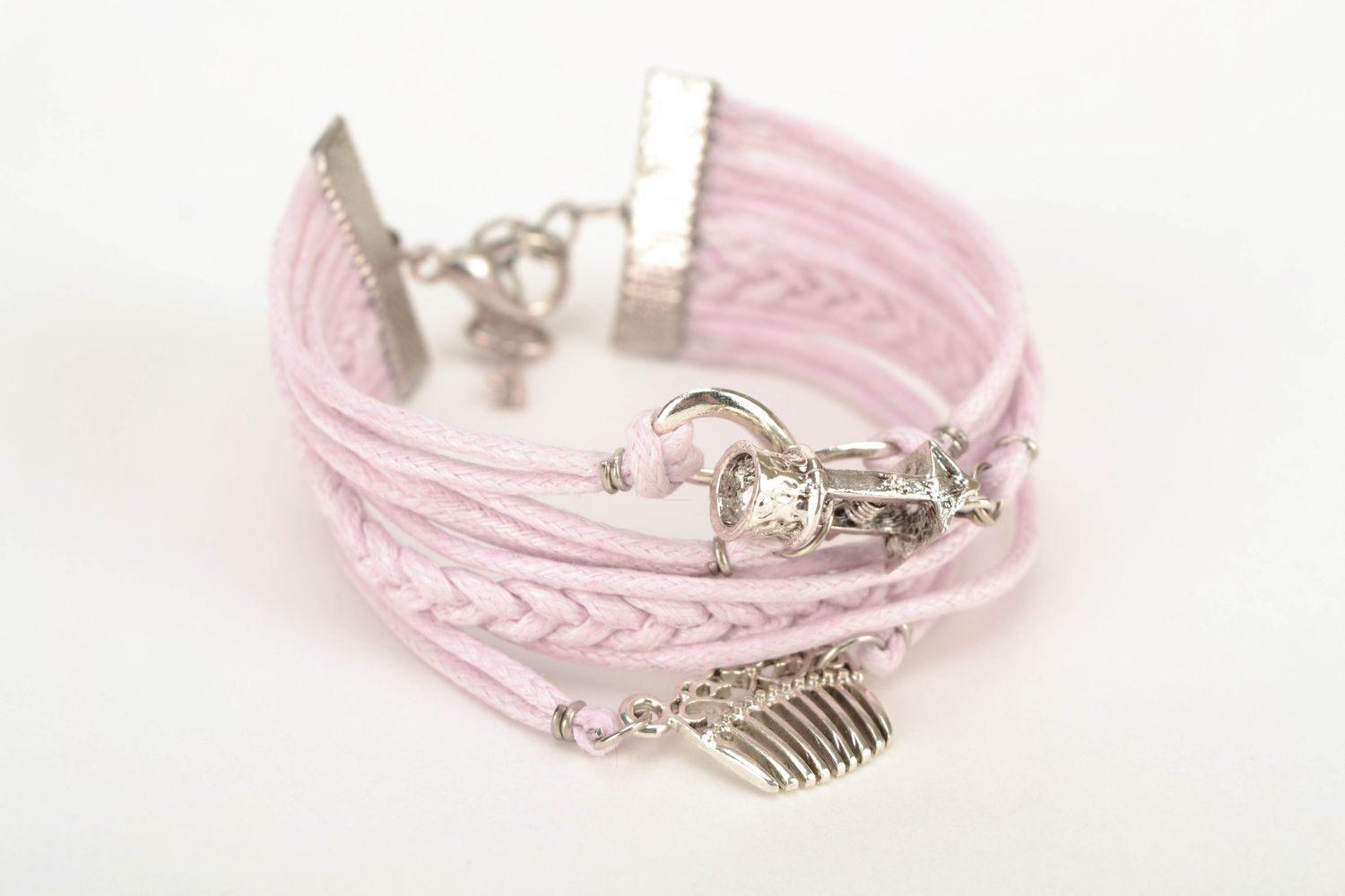 Light waxed cord bracelet with charms photo 2
