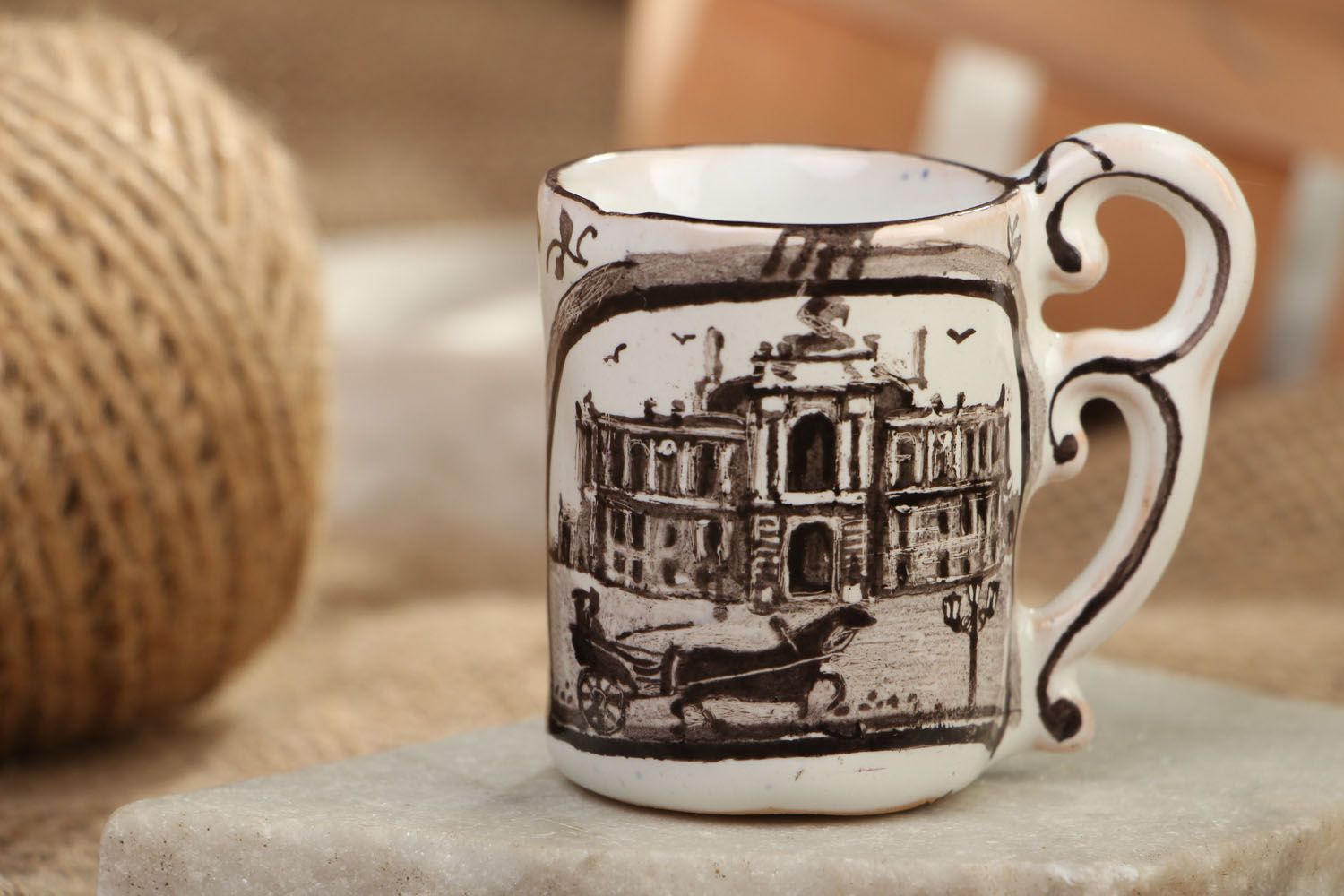 White clay porcelain espresso coffee cup with elegant handle and painting of Odessa Opera House photo 5