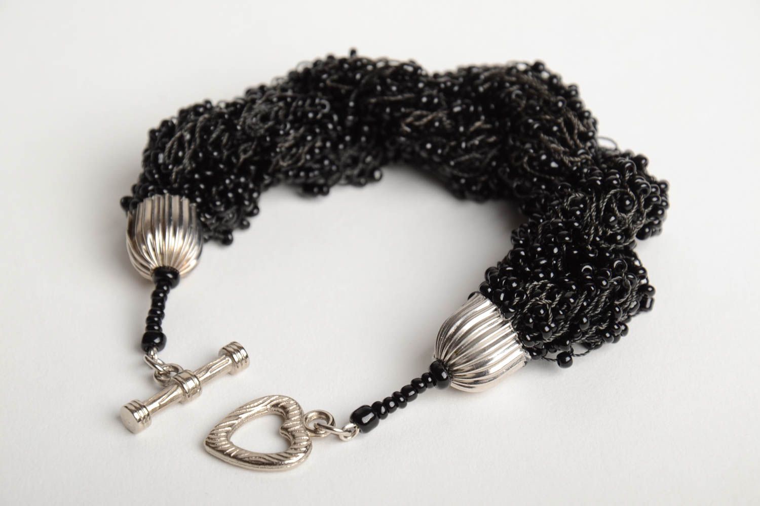 Handmade festive evening bead woven women's wrist bracelet of black color photo 3