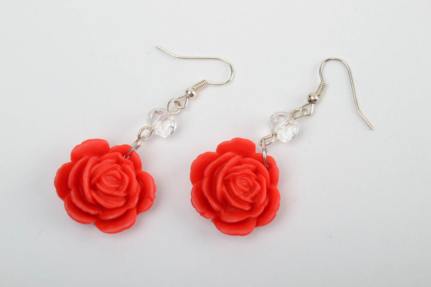 Handmade small polymer clay floral dangling earrings red roses for ladies photo 3
