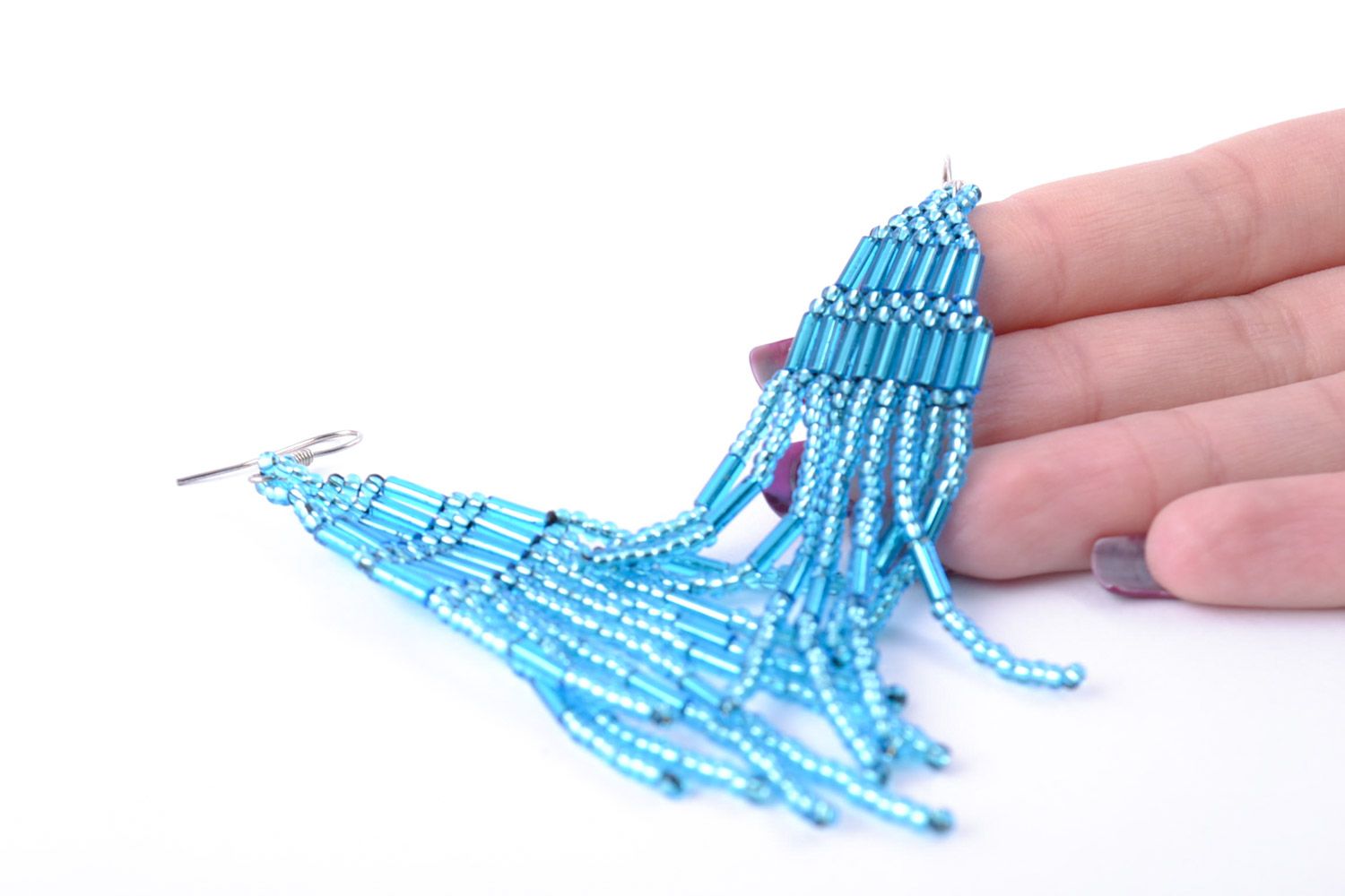 Handmade blue long beaded earrings for girls photo 5