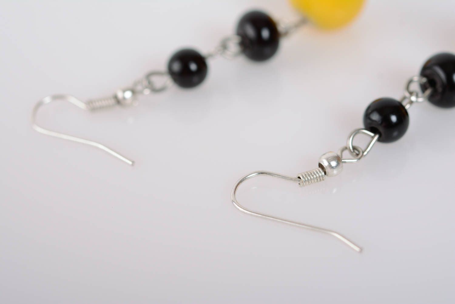 Earrings with plastic beads black and yellow long handmade accessories photo 4
