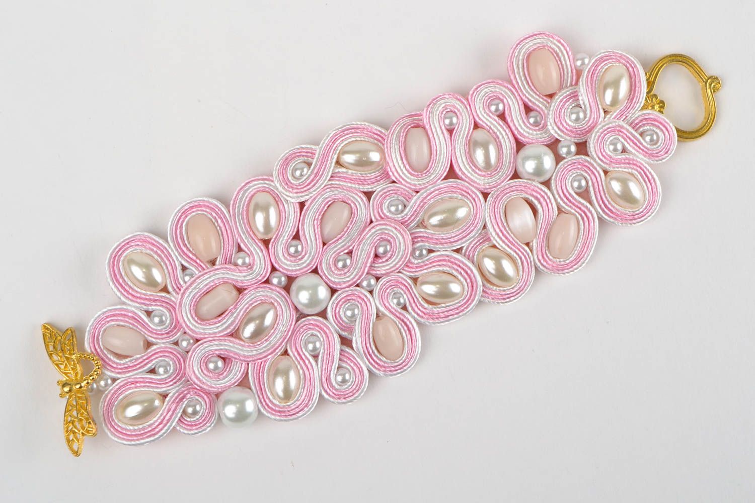 Breites schönes rosa handmade Soutache Armband mit Natursteinen Künstler Schmuck foto 2