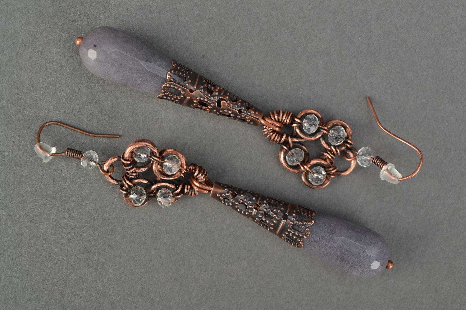 Handgemachte Kupfer Ohrringe Wire Wrap mit Achat und Kristall foto 3