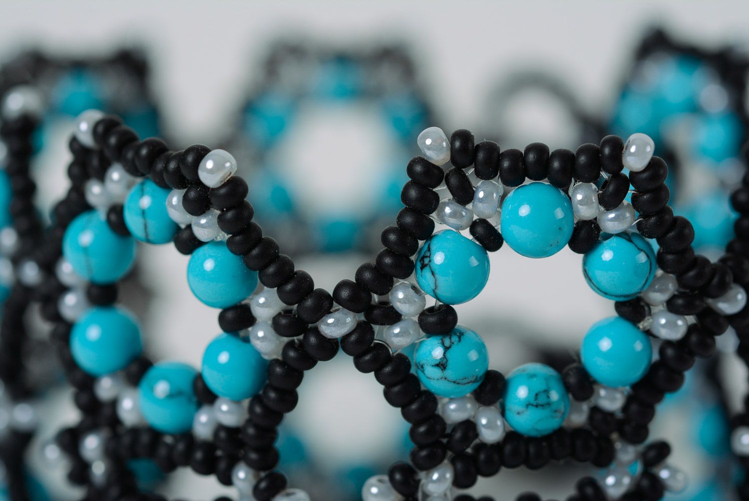 Black and blue handmade designer wrist bracelet woven of beads for women photo 4