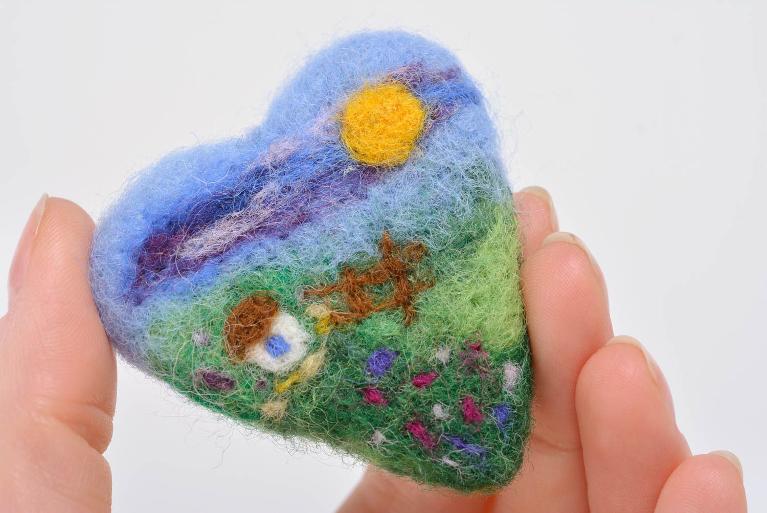 Handmade designer heart shaped soft brooch felted of wool with landscape photo 3