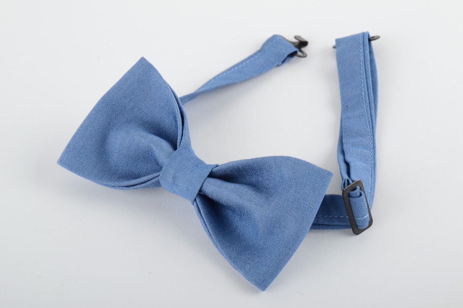 Stylish handmade bow tie sewn of light denim fabric unisex photo 2