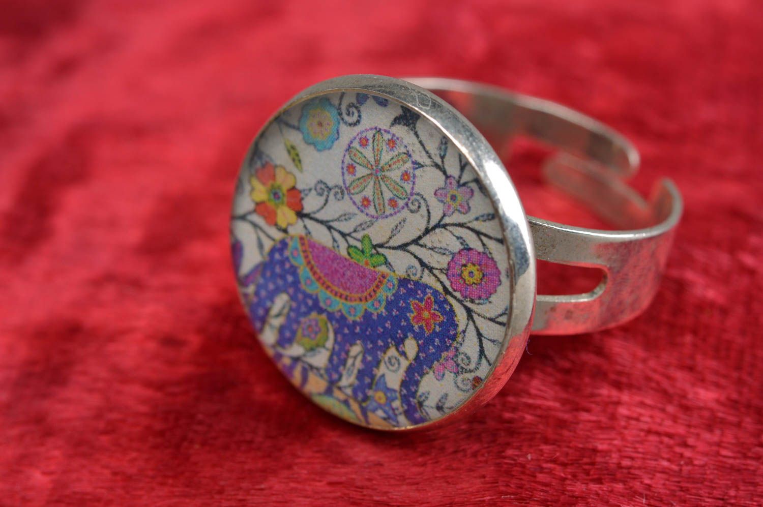 Bright handmade decoupage ring with print coated with epoxy adjustable size photo 1
