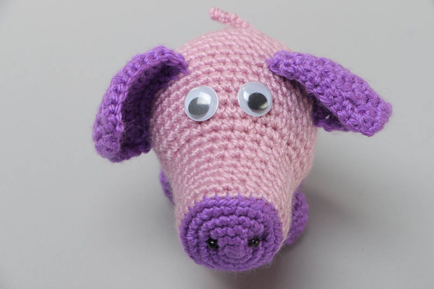 Handmade small soft toy crocheted of acrylic threads of violet color shades Pig photo 3