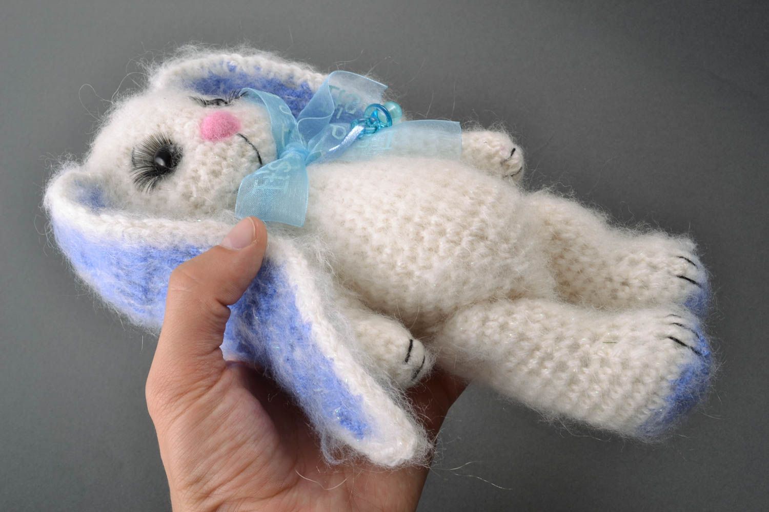 Handmade beautiful crocheted woolen small soft toy bunny with long ears photo 2