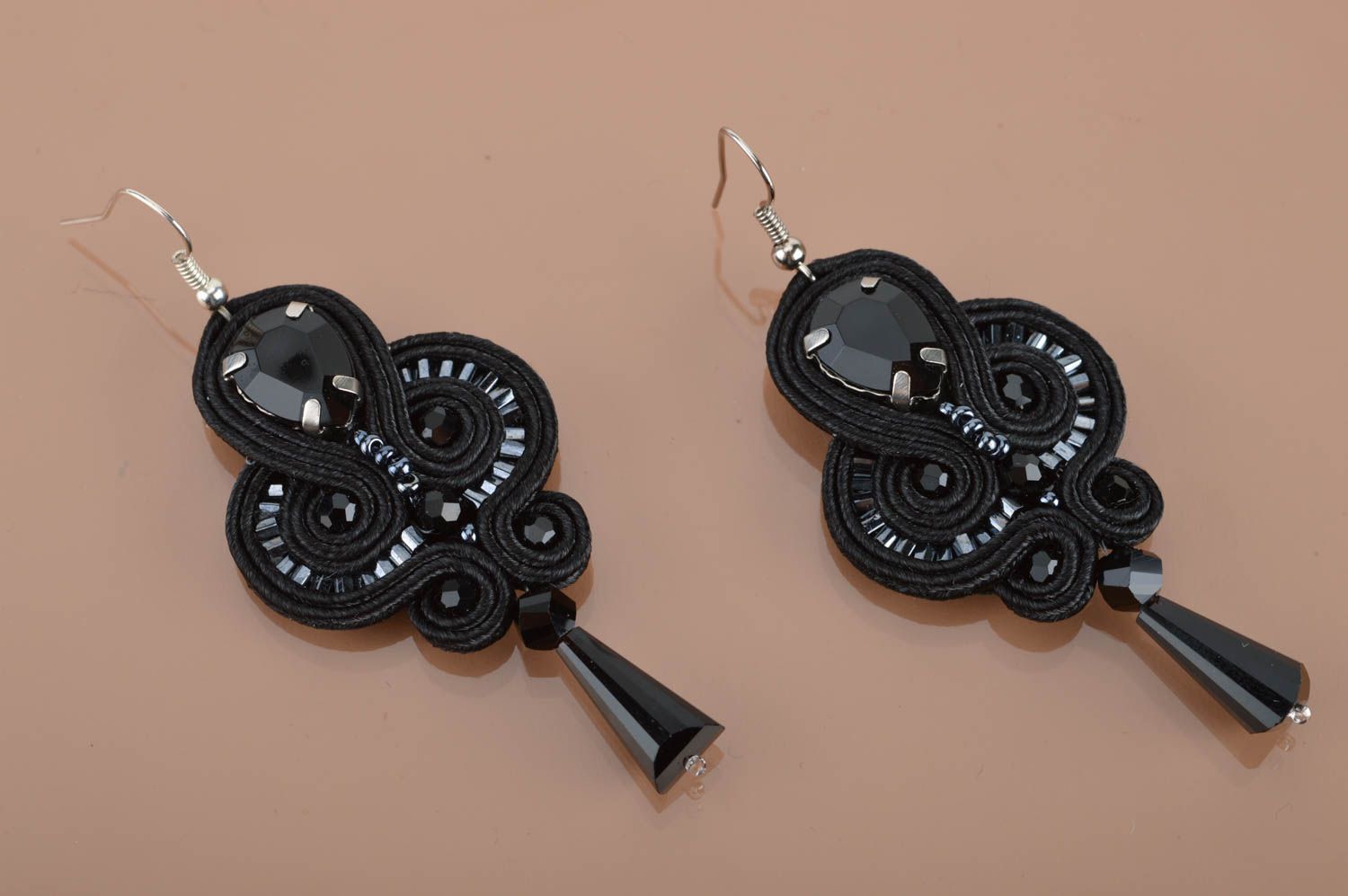 Beautiful homemade designer black soutache earrings with beads photo 2