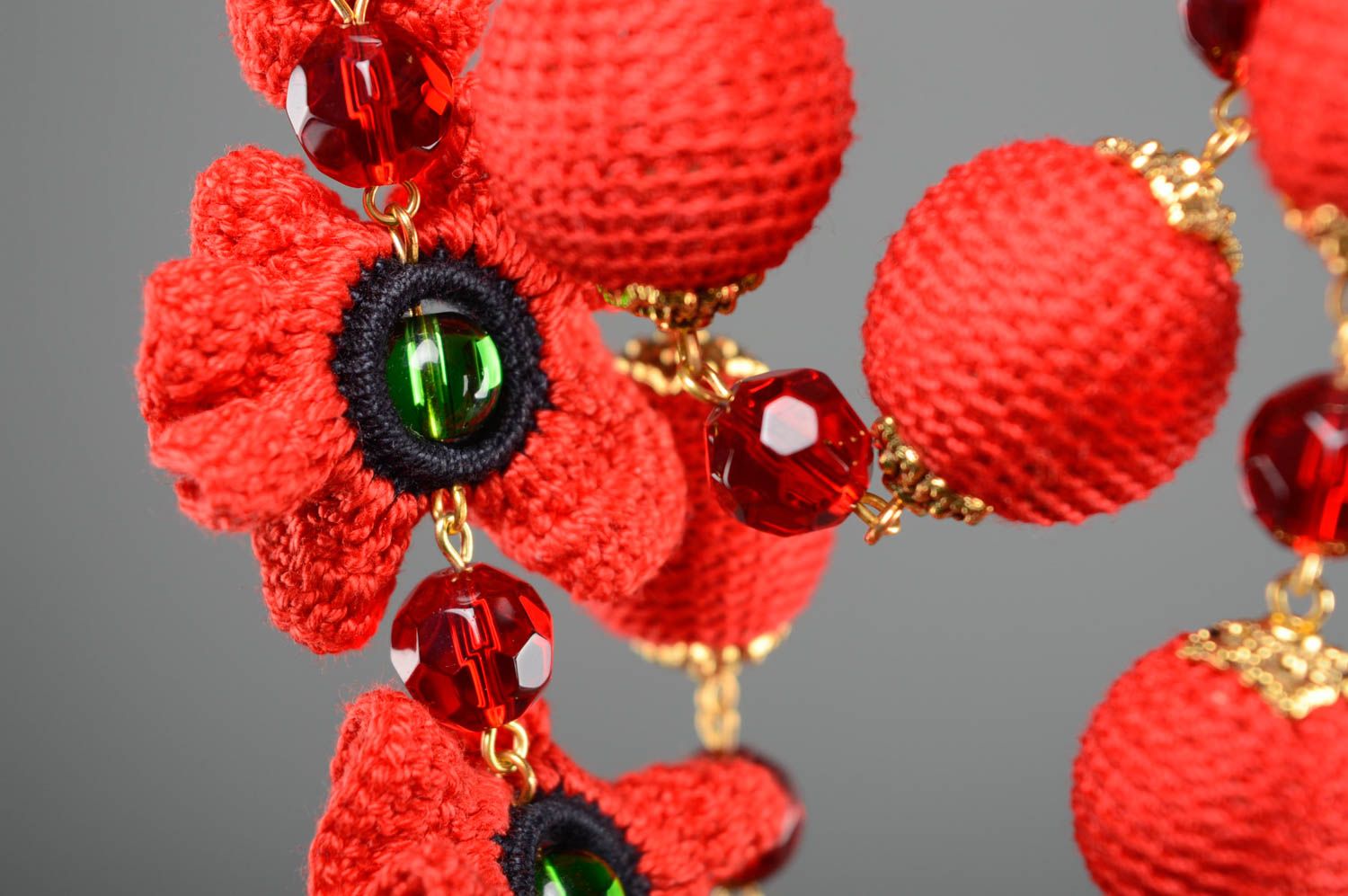 Collier tricoté au crochet multirang rouge fait main fleurs pavots cadeau femme photo 5