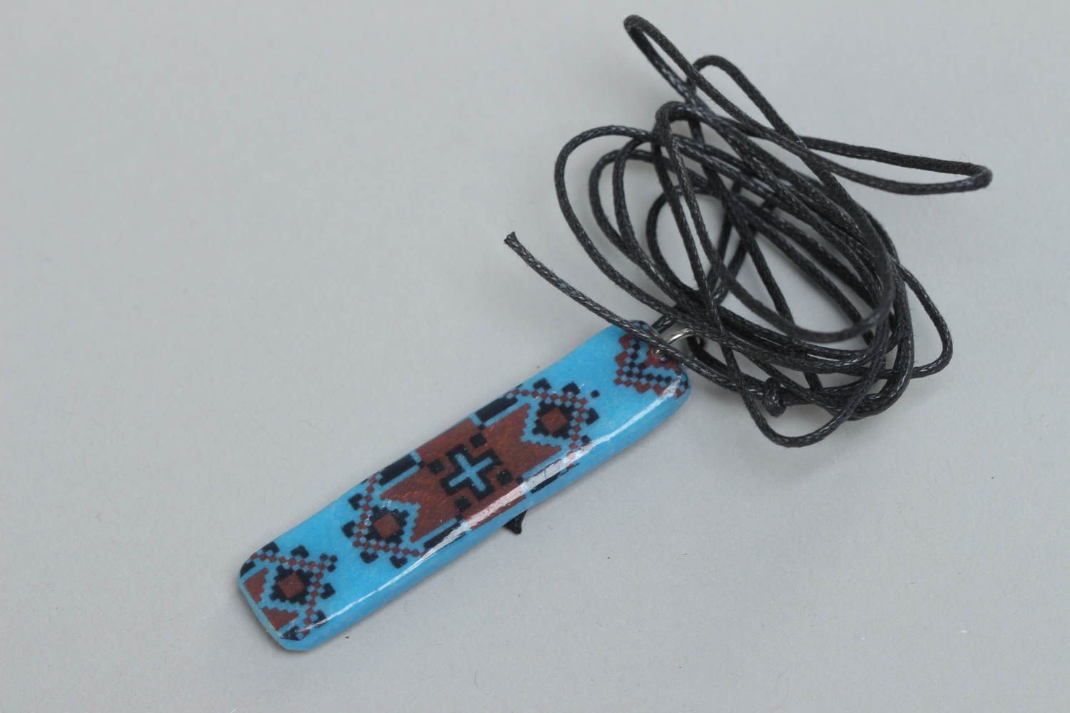 Polymer clay handmade designer pendant with ethnic print on long cord photo 2