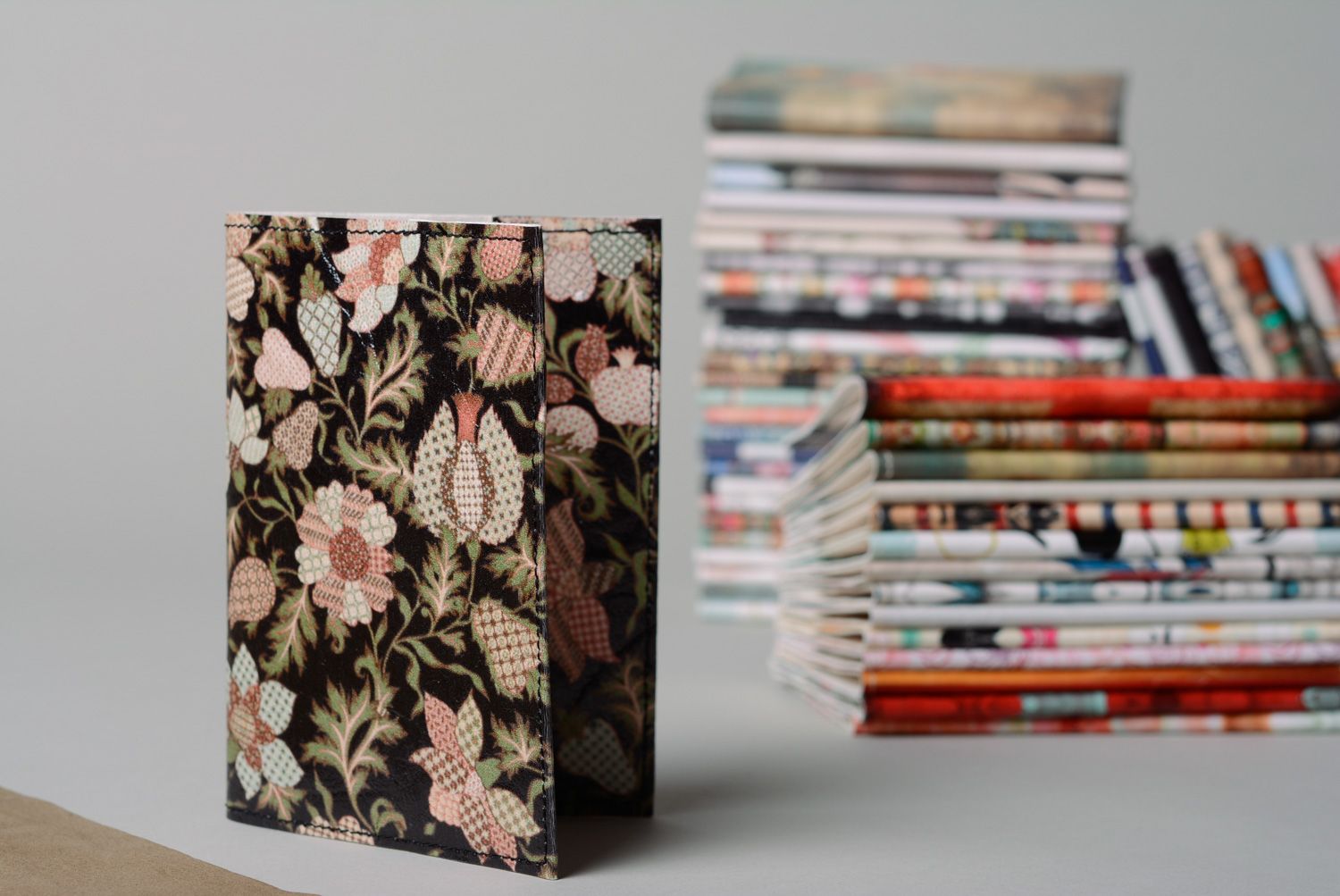 Handmade artificial leather passport cover with print Flowers photo 1