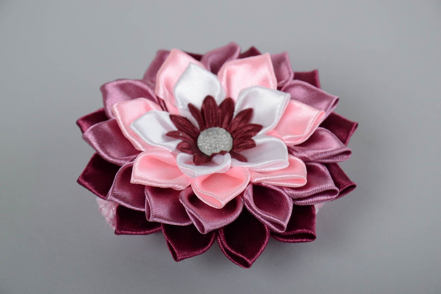 Handmade designer stretch crocheted headband with lilac kanzashi flower for girl photo 5