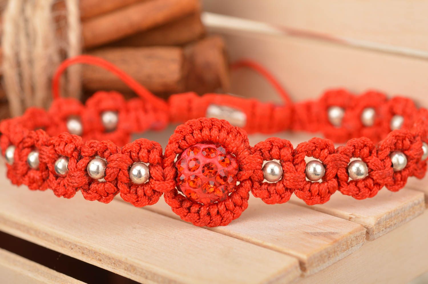 Handmade adjustable strand red textile woven wrist bracelet with gold color beads photo 1