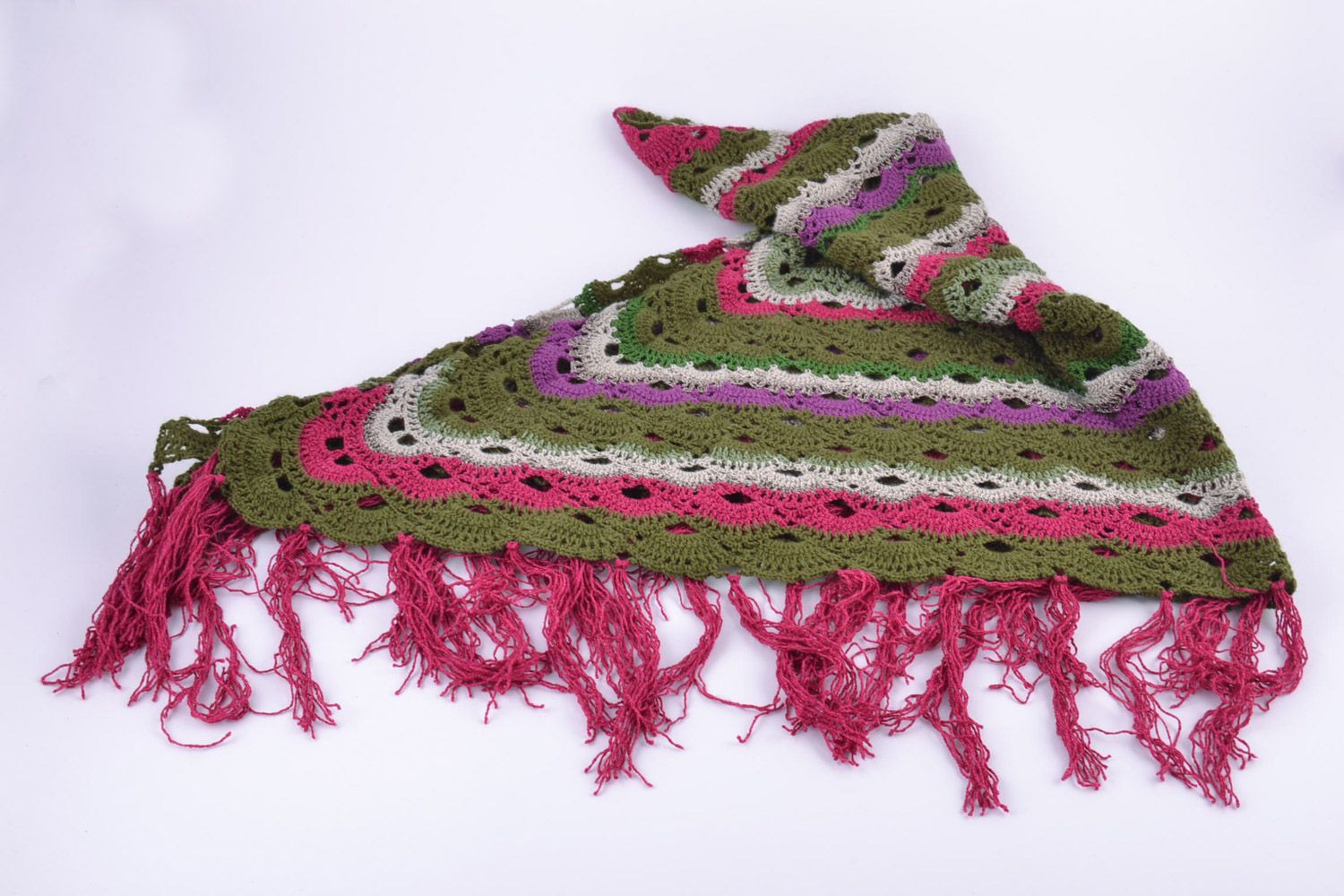 Handmade bright women's shawl crocheted of semi-woolen threads with fringe  photo 2