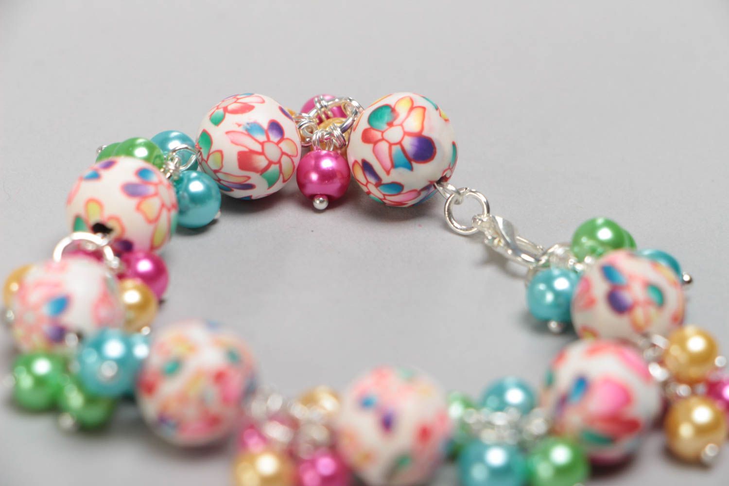 Handmade children's design polymer clay bracelet with ceramic pearls photo 4