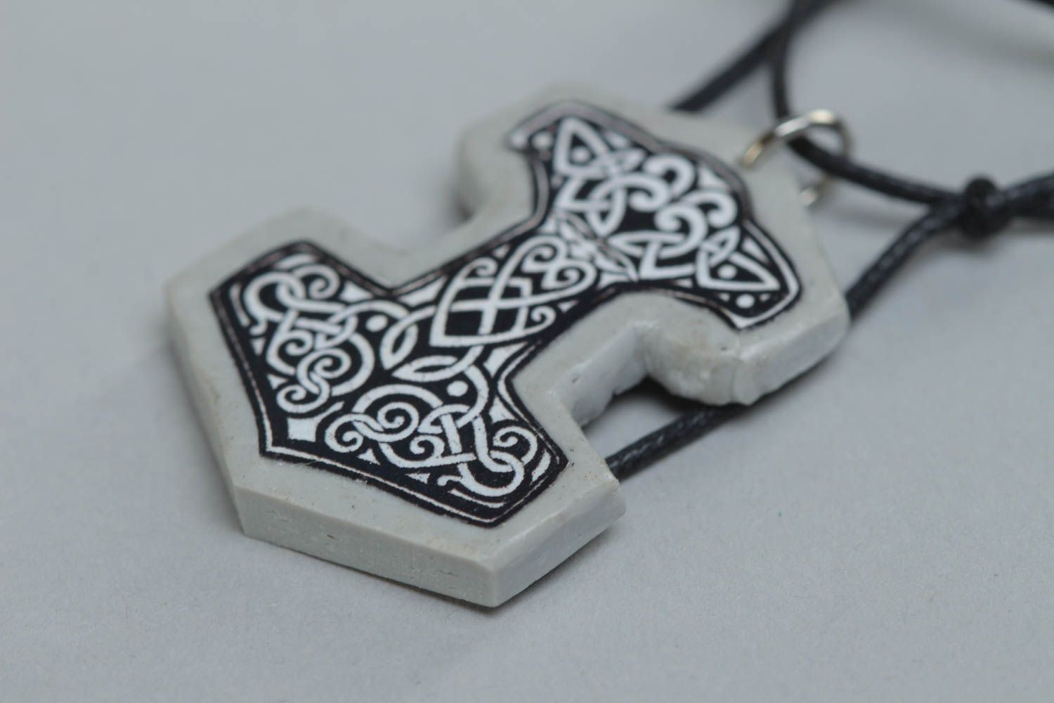 Handmade designer polymer clay pendant with print Thor's Hammer on long cord photo 3