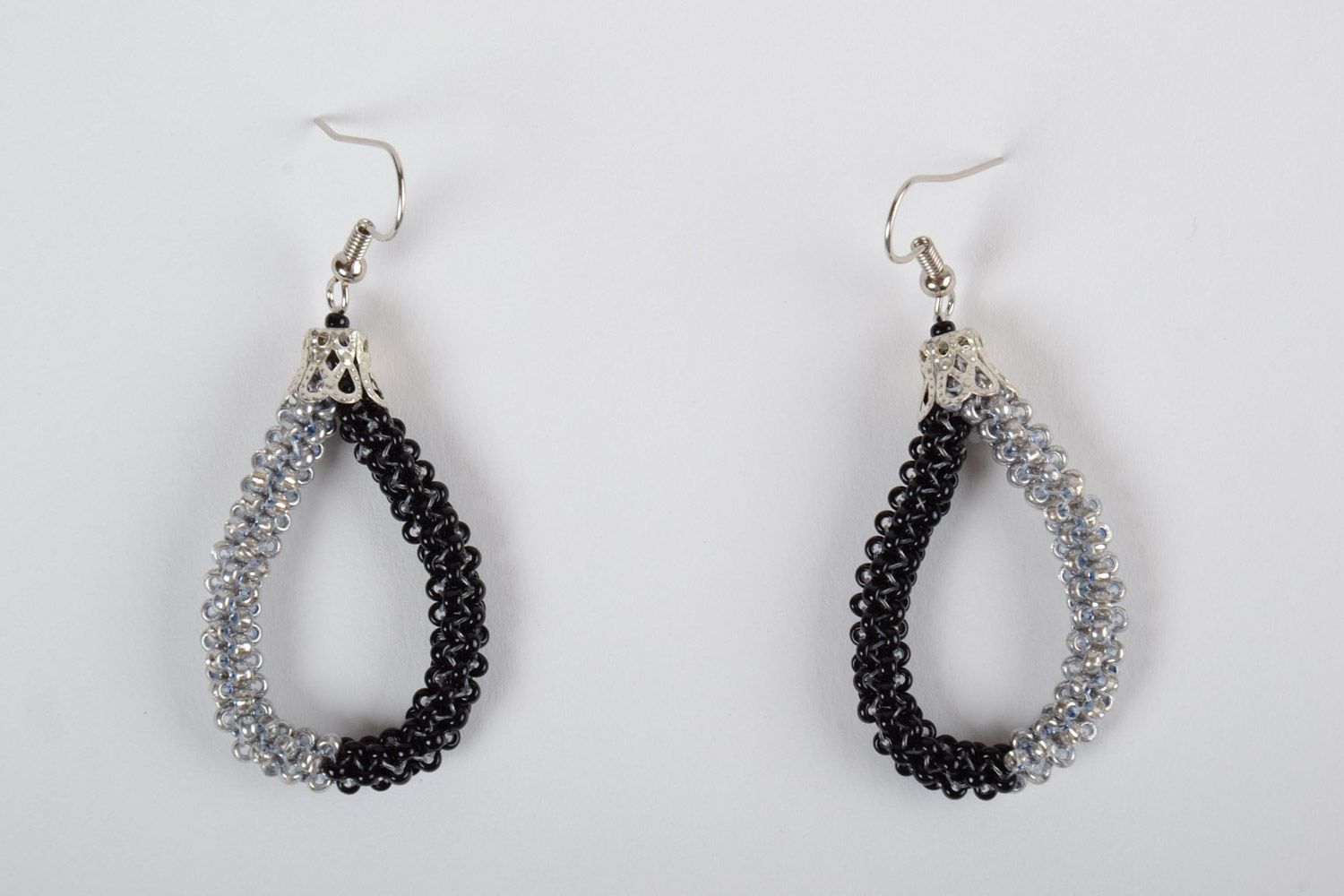Gray and black elegant handmade beaded earrings woven of Czech beads photo 3