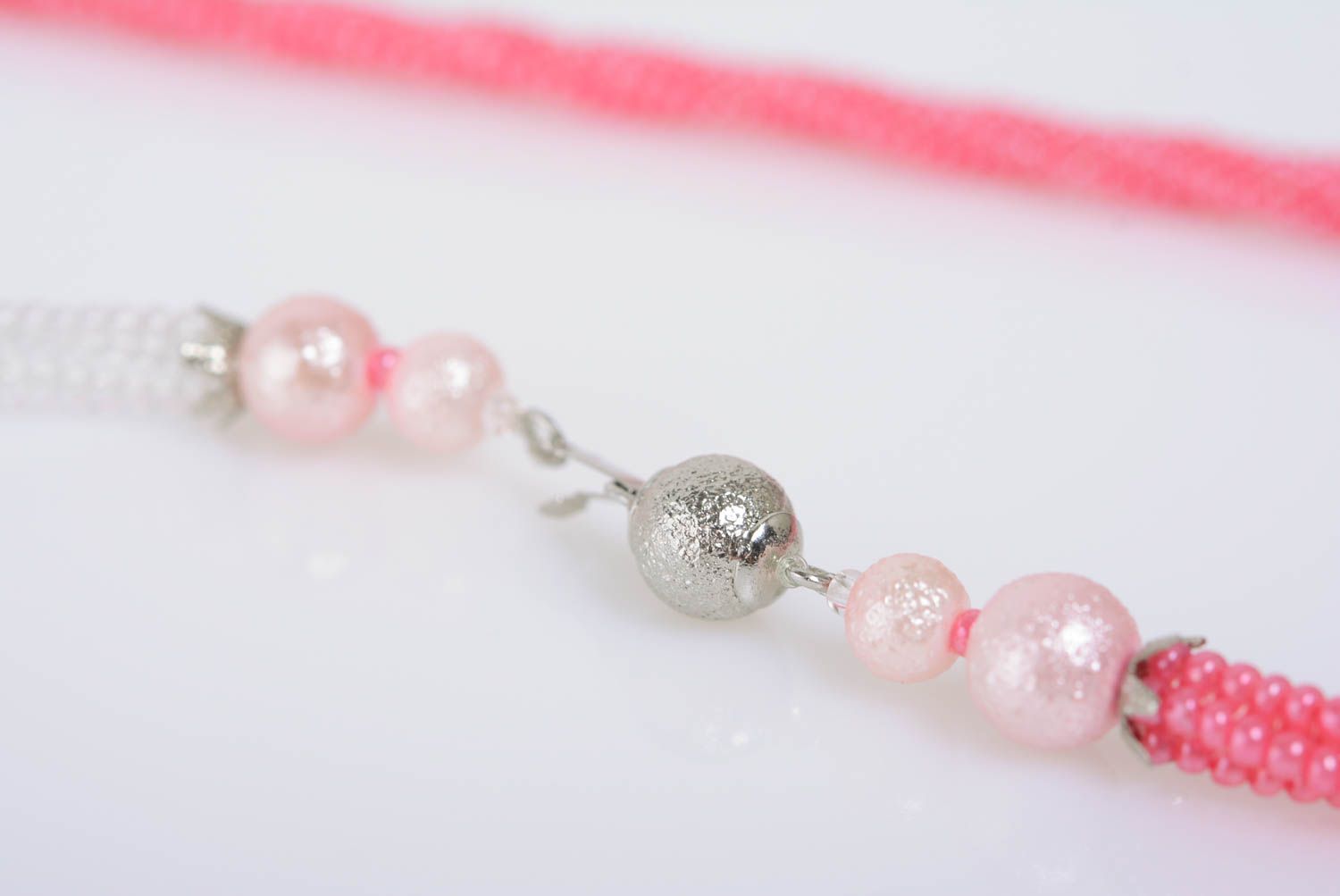 Gentle pink handmade designer women's woven beaded necklace with flower photo 5
