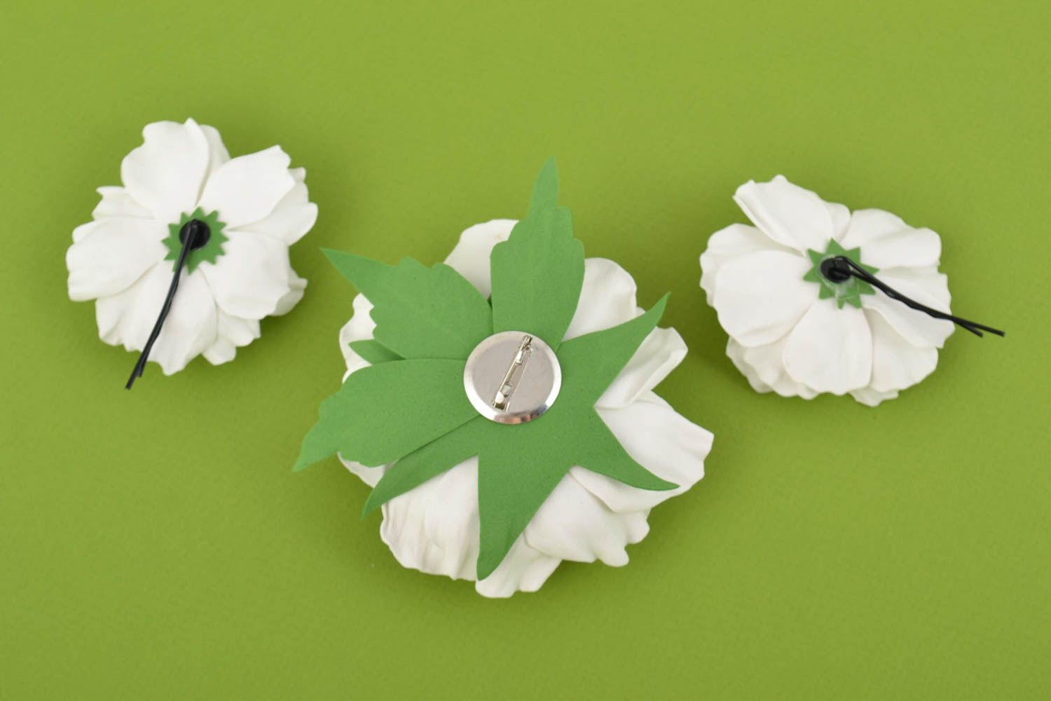 Womens accessories set 3 pieces handmade textile flower brooch flower bobby pins photo 3