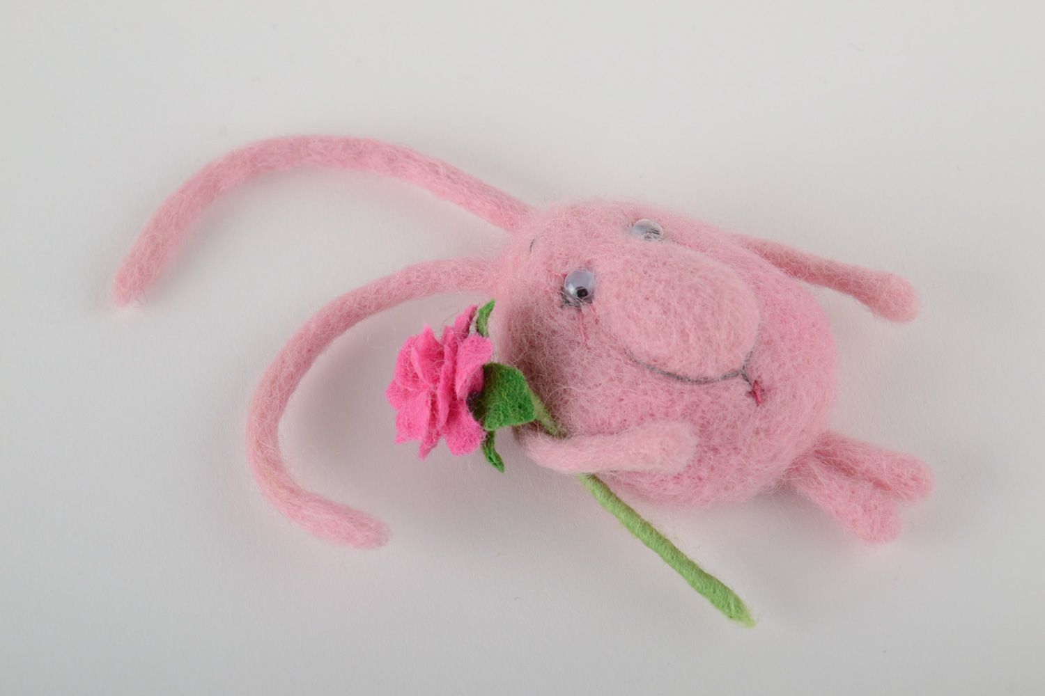 Handmade fridge magnet felted of natural wool touching pink creature with flower photo 4
