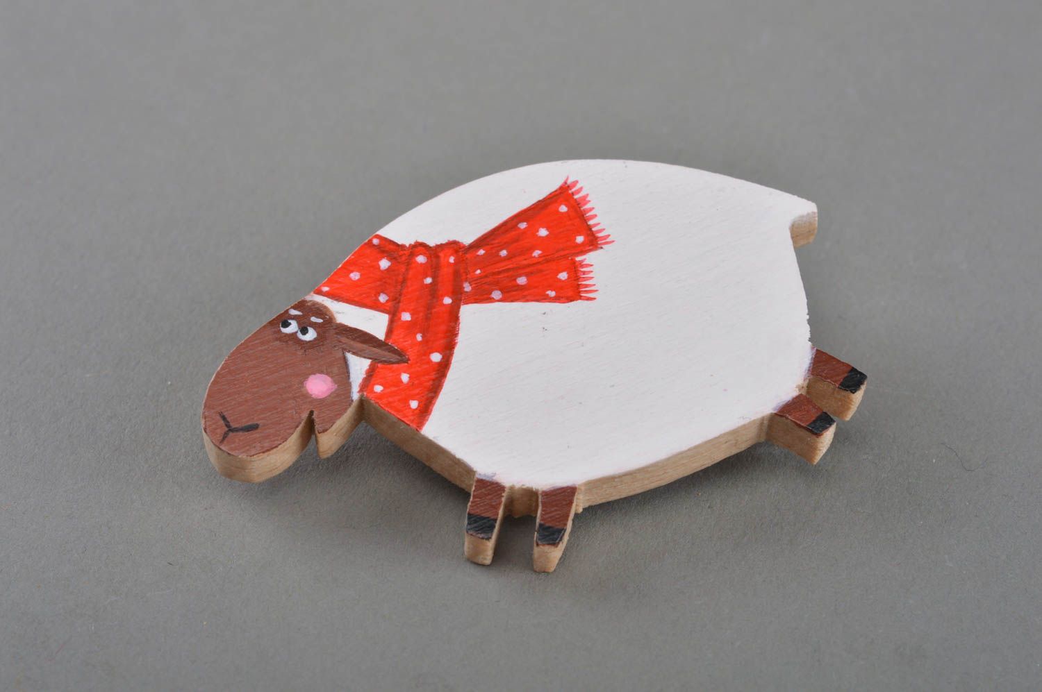 Handmade designer painted wooden funny animal brooch white lamb with red scarf photo 2