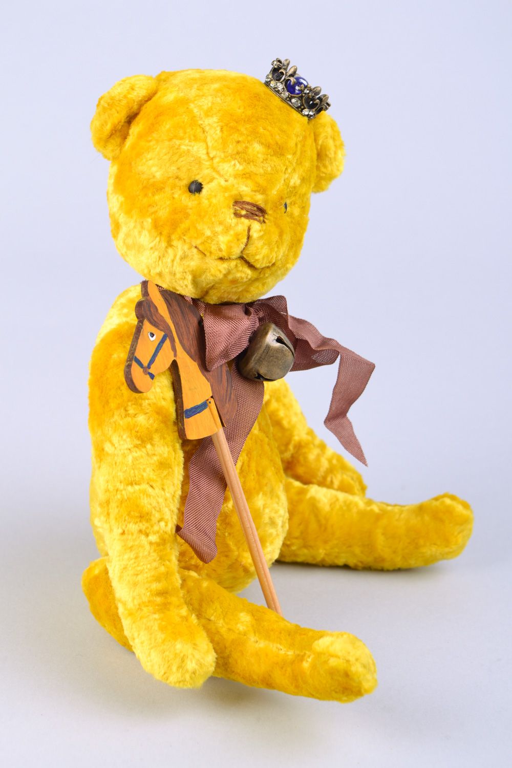 Handgemachter gelber Teddybär mit Krone mit Schleife aus Plüsch für Kinder foto 1