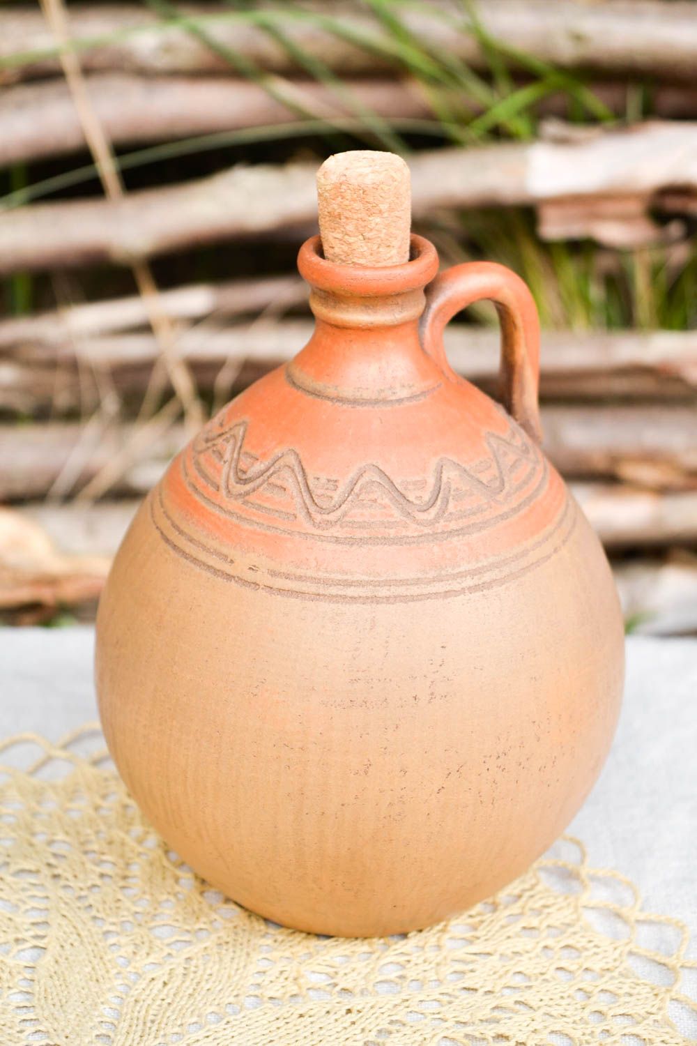 60 oz ceramic handmade terracotta wine carafe in ball shape with handle 1 lb photo 1