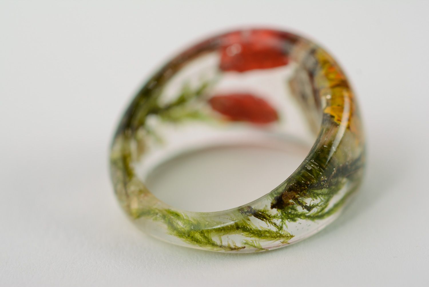 Unusual handmade transparent ring with barberry and moss coated with epoxy resin photo 5
