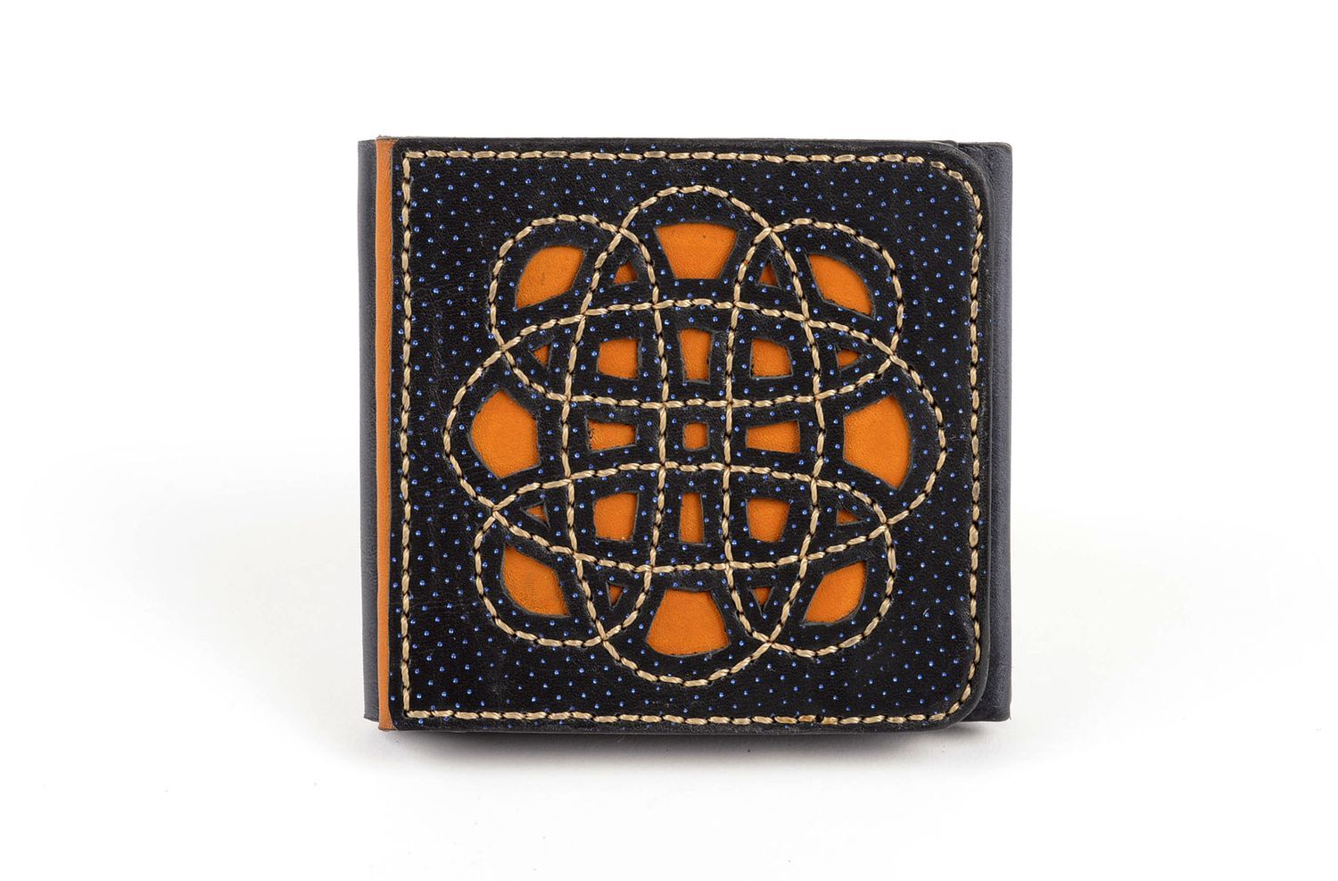 Portefeuille cuir Accessoire femme fait main design noir-orange Cadeau original photo 1