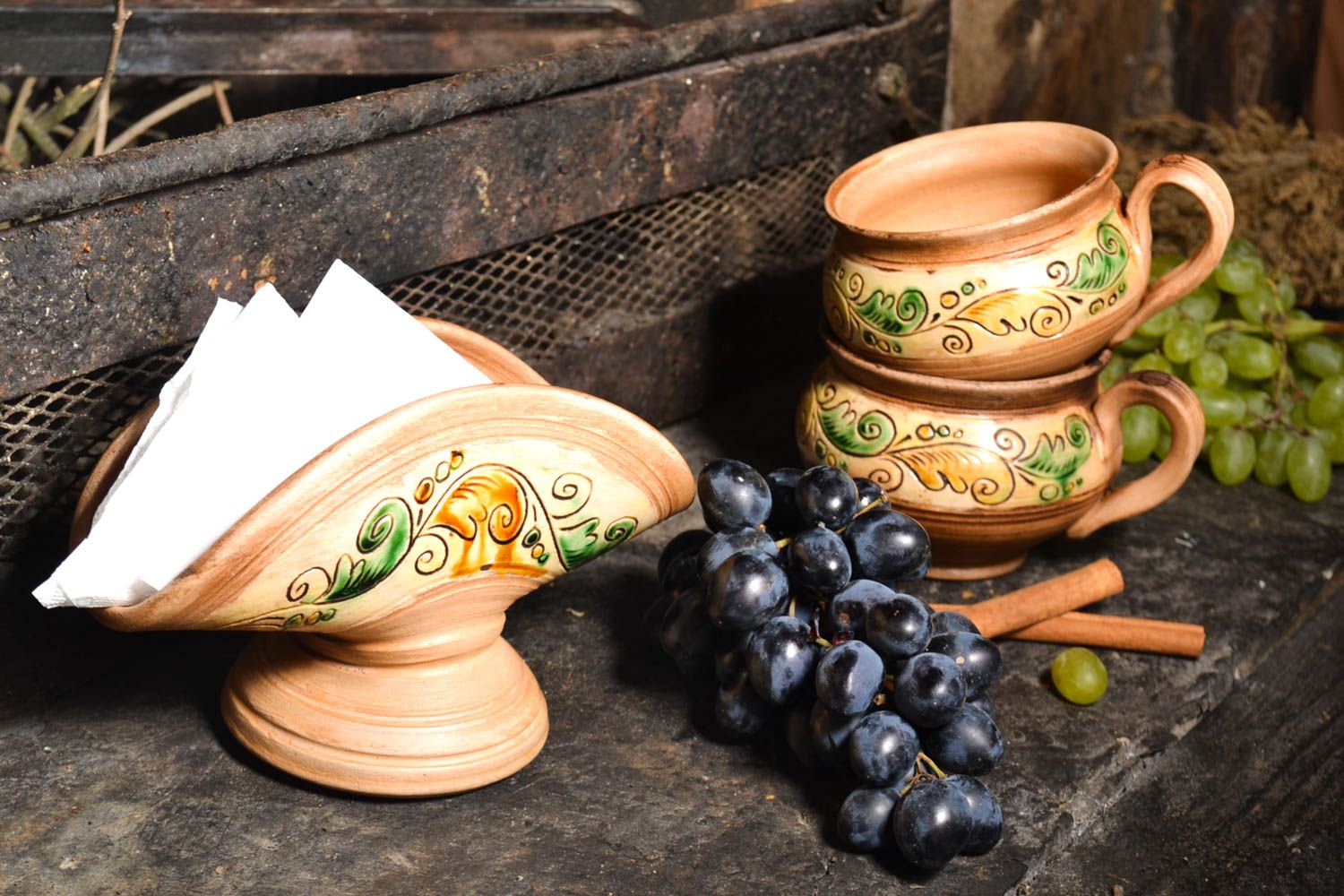 Handgemachte Keramik schönes Geschirr Set Servietten Ständer 2 Tee Tassen braun foto 1