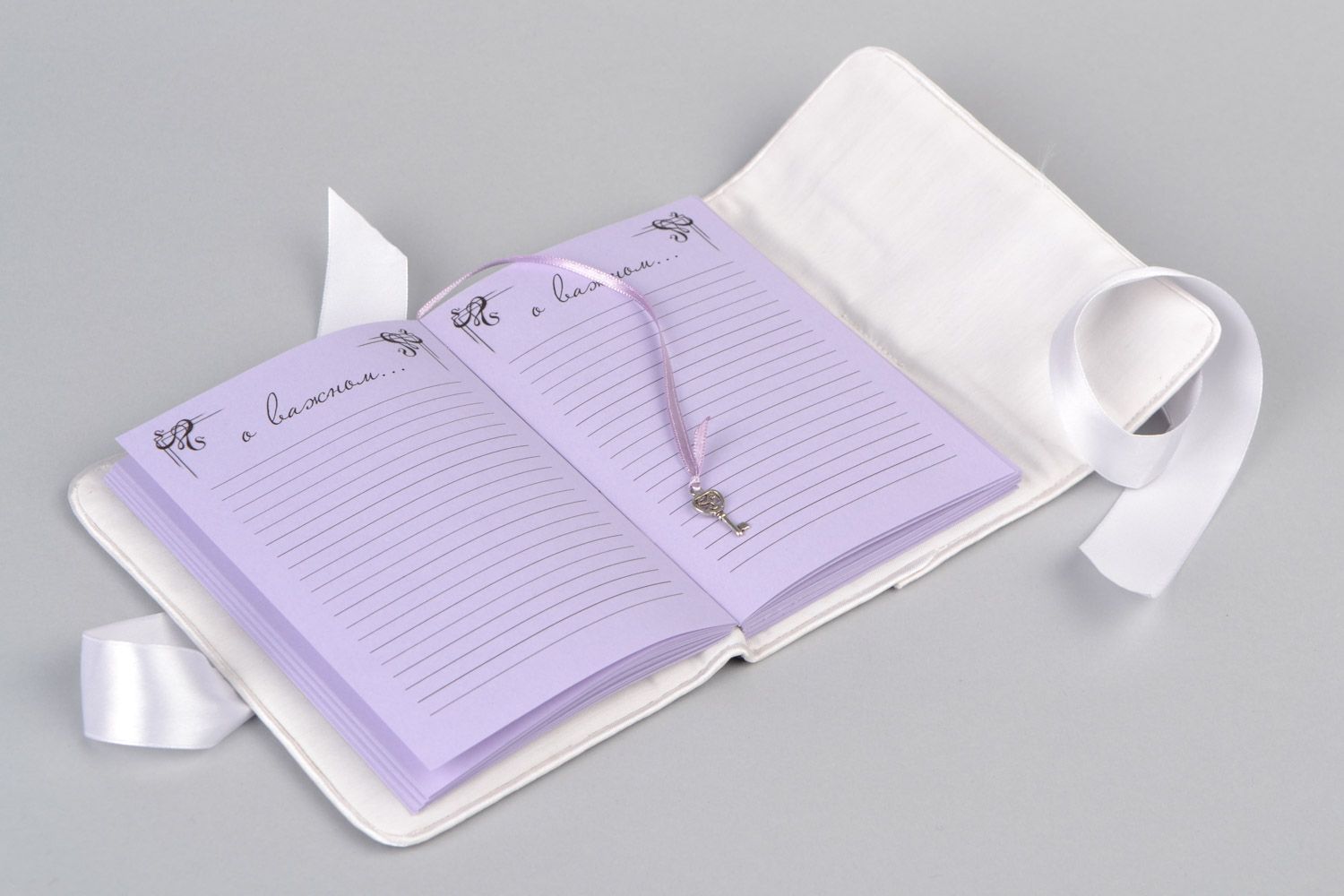 Handmade notebook with soft violet fabric cover and white bow for 100 pages photo 5