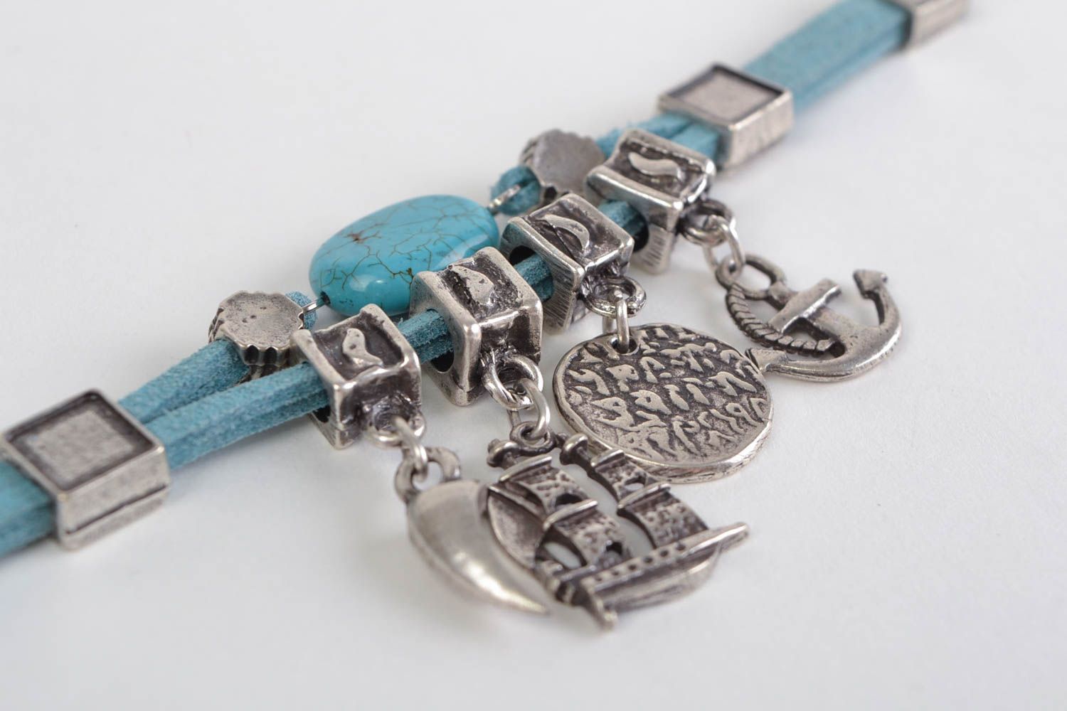 Handmade leather cord wrist bracelet with metal charms and turquoise for women photo 5