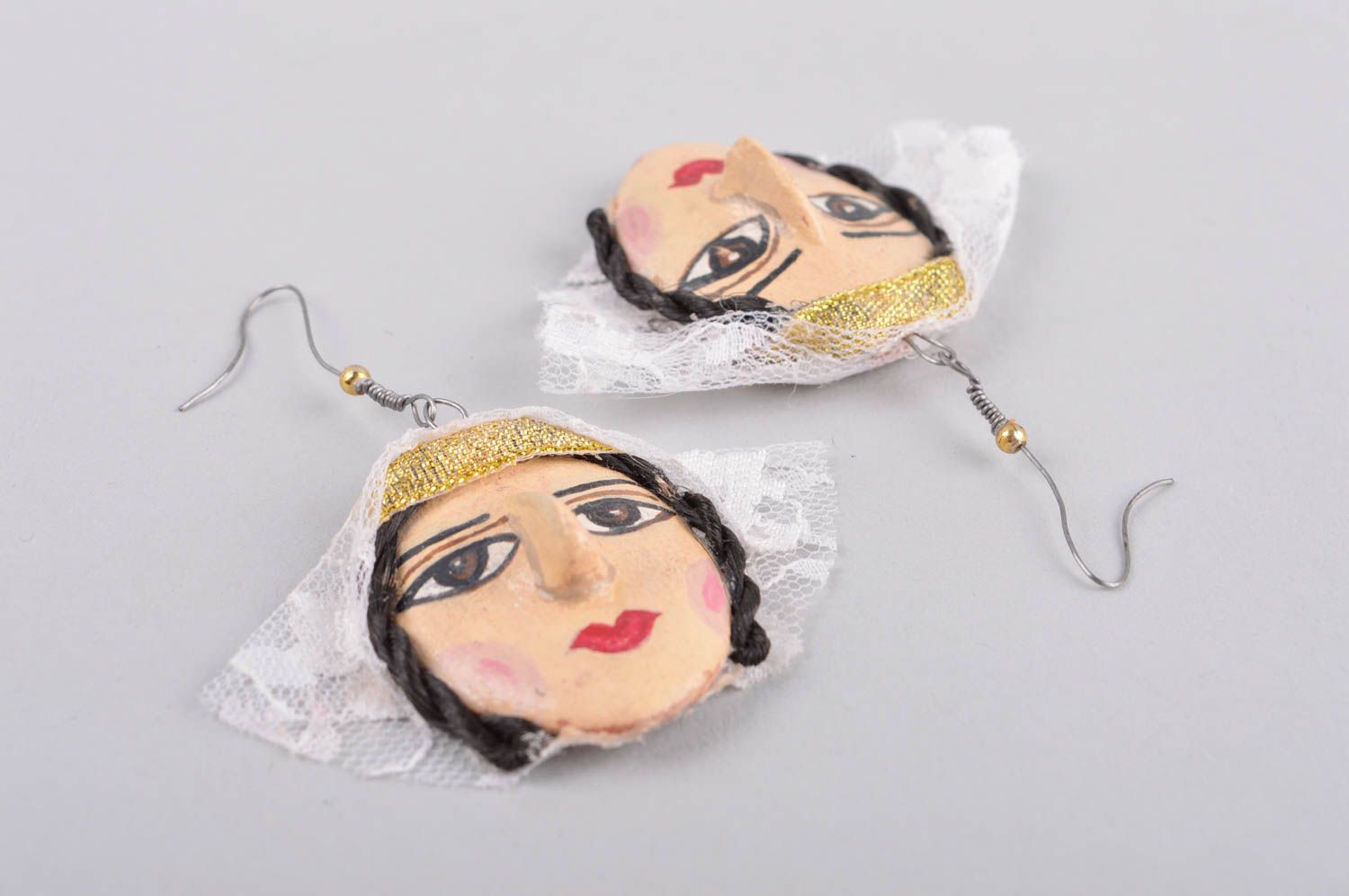 Handmade dangling earrings beautiful painted earrings jewelry made of clay photo 5