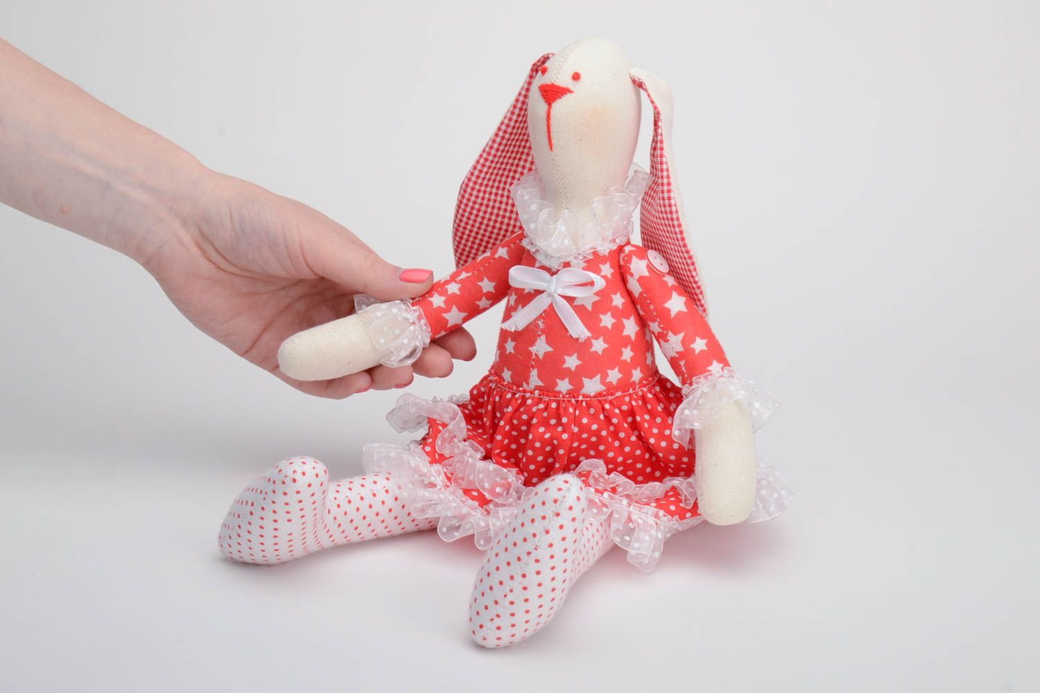 Handmade cotton fabric soft toy rabbit with checkered ears in red dress  photo 5