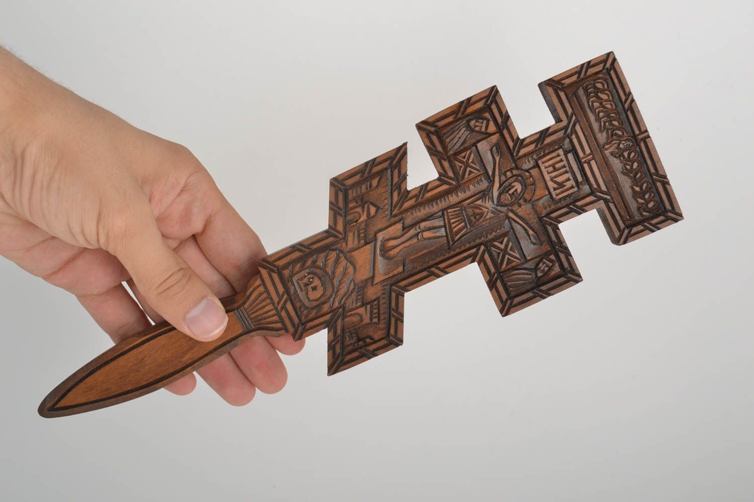 Croix bois Objet religieux fait main Déco murale amulette sculptée originale photo 5