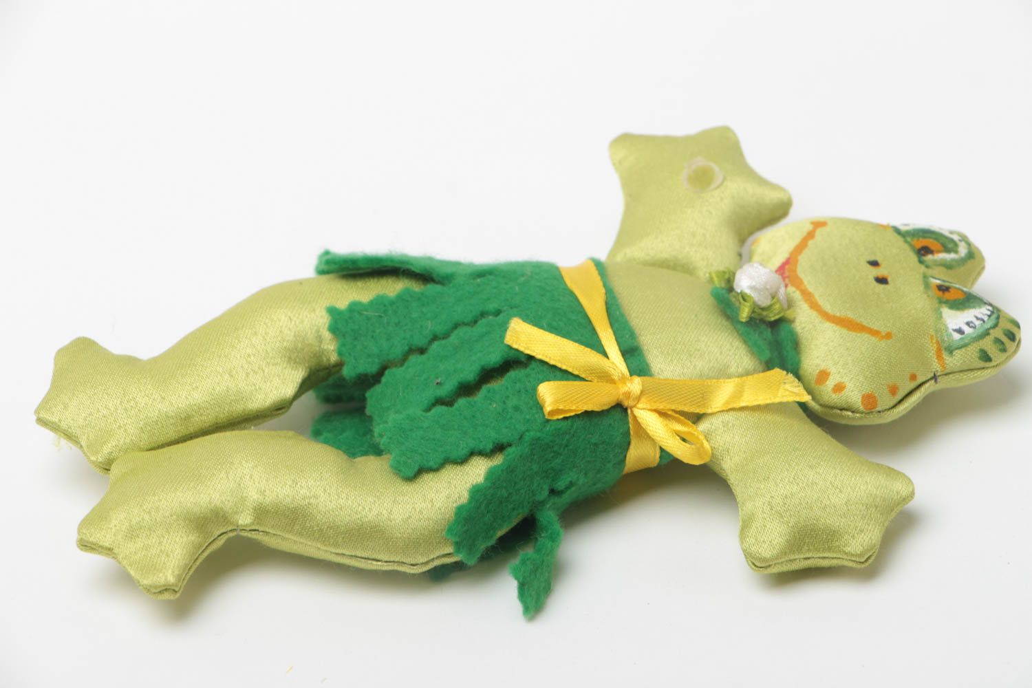 Handmade designer satin fabric soft toy green frog in felt skirt for children photo 3