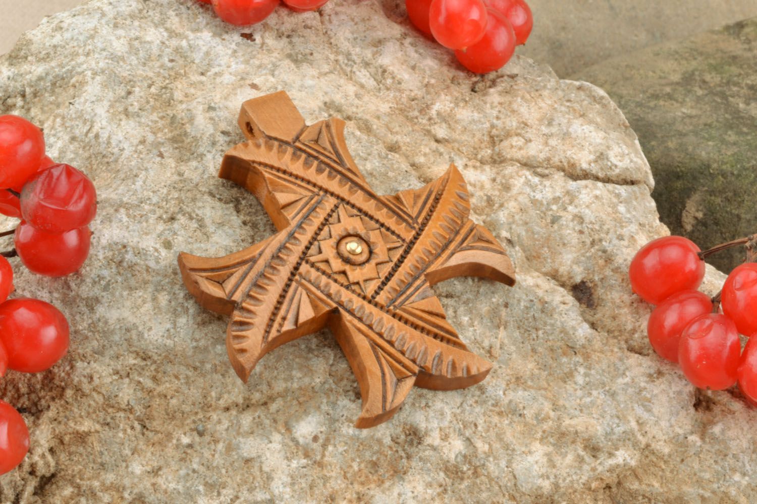 Wooden cross necklace with metal inserts photo 1