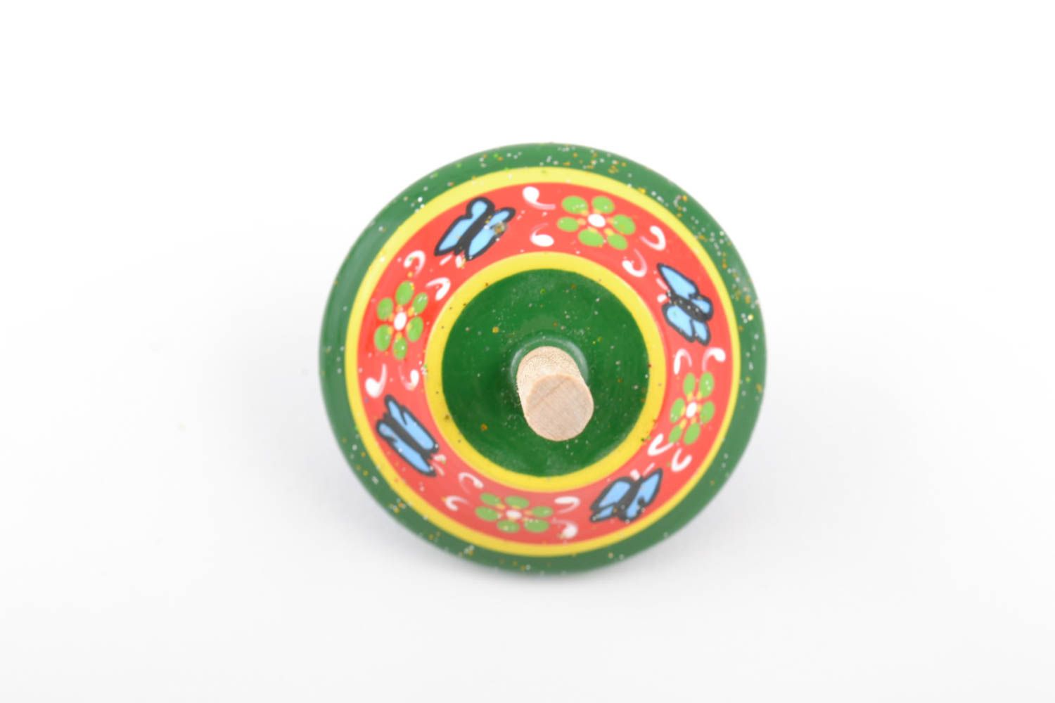 Green handmade wooden spin top painted with eco dyes educative children's toy photo 3