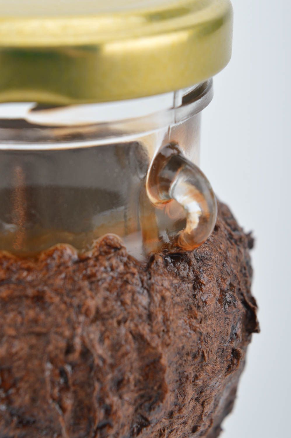 3,5 inches tall glass 4 oz jar with lid covered with brown cellulose cover layer 0,27 lb photo 5