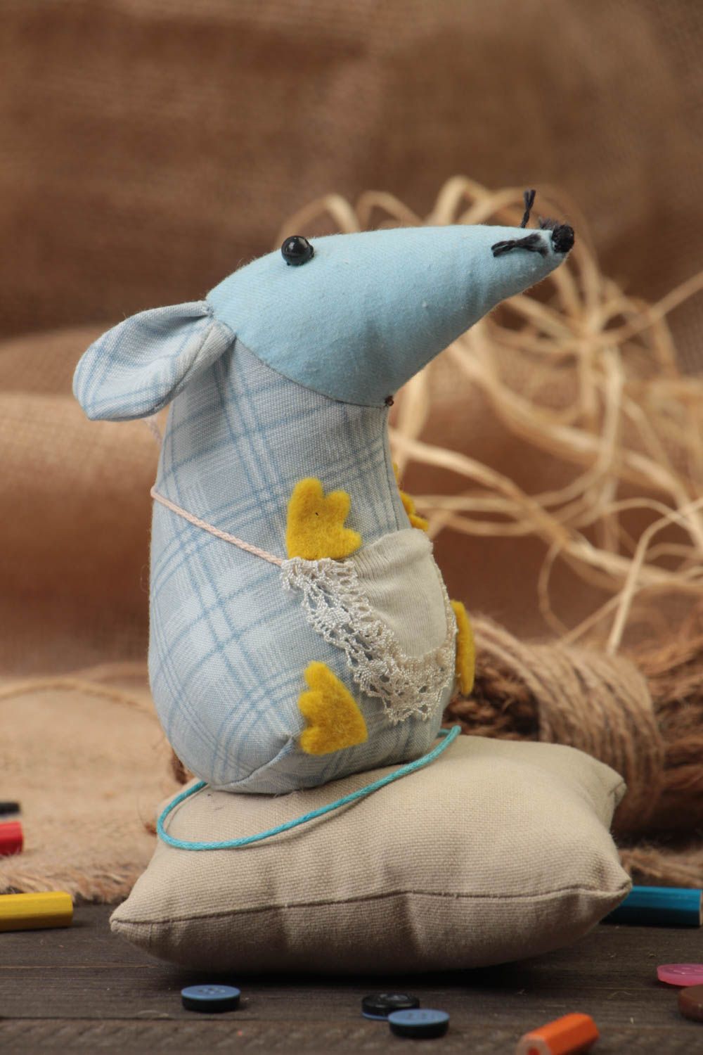 Soft toy rat on pillow sweet handmade fabric blue stuffed toy for children photo 1