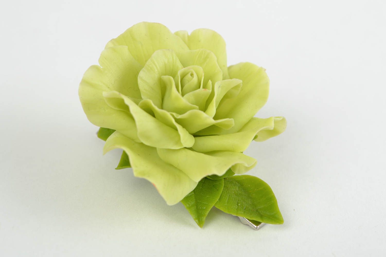 Pince à cheveux en porcelaine froide fleur verte modelée faite main originale photo 3