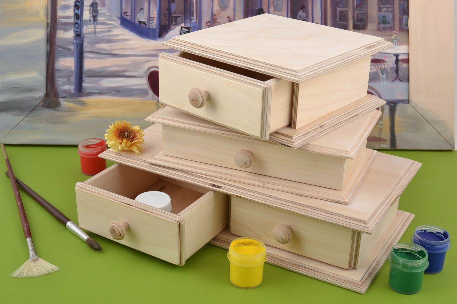 Boîtes en bois brut à bijoux 3 pièces avec tiroirs faites main à décorer photo 1