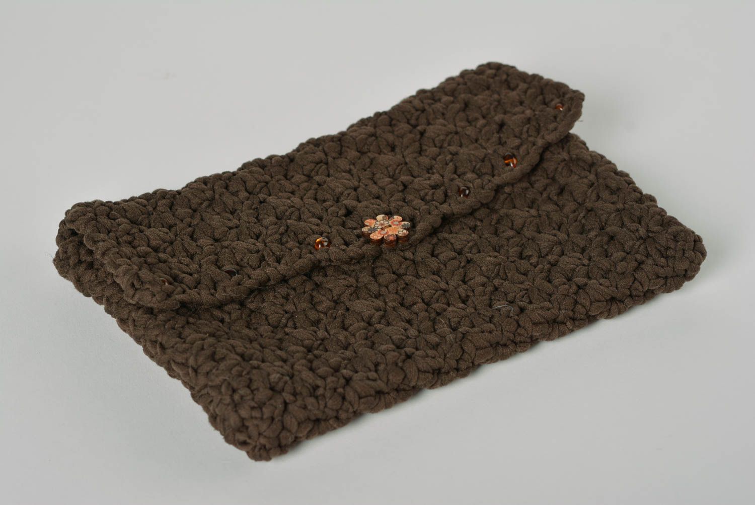 Handmade designer dark soft clutch bag crocheted of acrylic threads cute bag photo 4