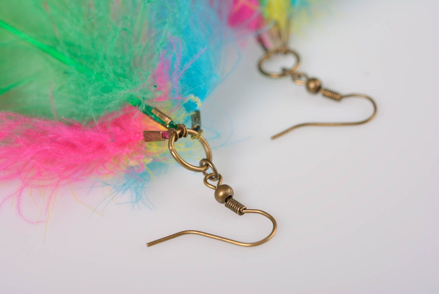 Unusual bright beautiful handmade earrings made of colorful feathers photo 5