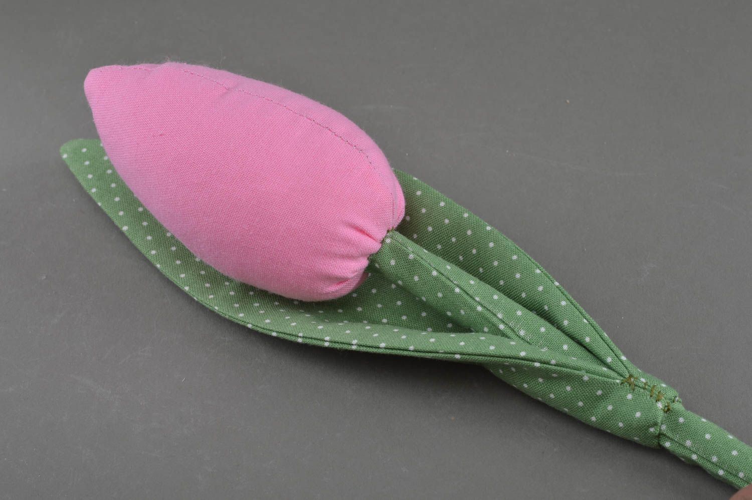 Handmade decorative soft fabric flower tender pink tulip on green stalk interior photo 2