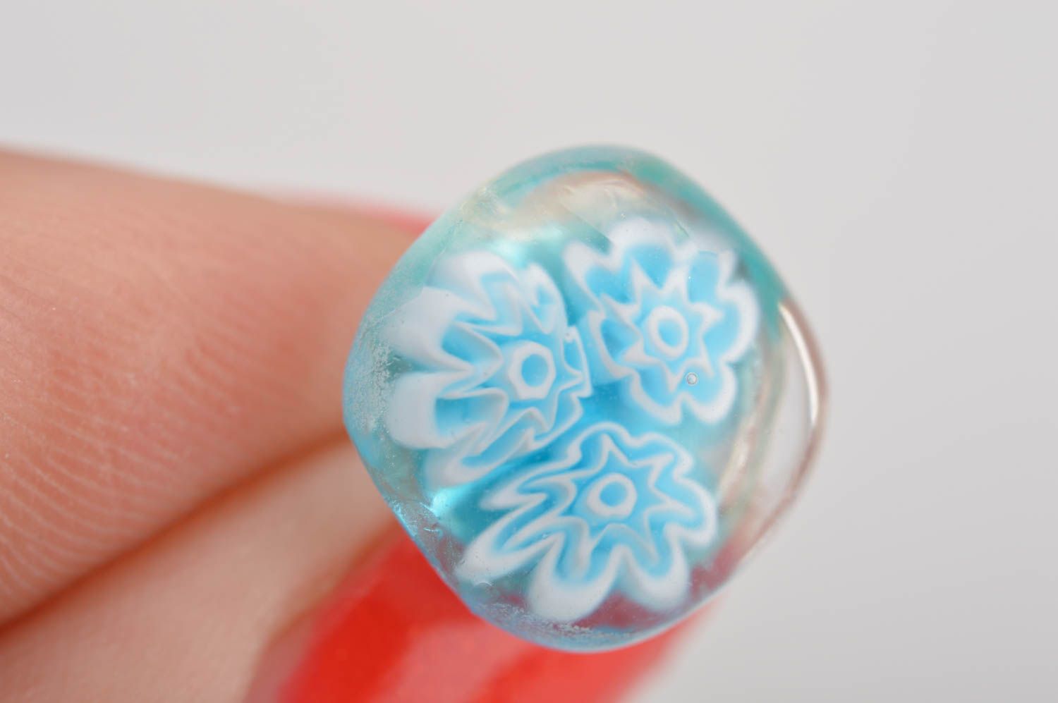 Handmade small stud millefiory glass earrings transparent with blue flowers photo 5